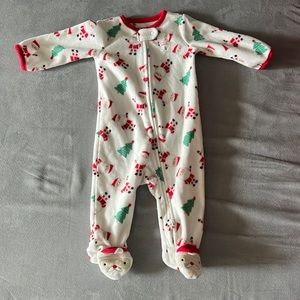 Carter's white fleece pajamas with Santa and tree design. 6 months.